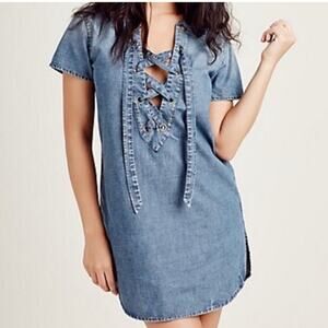 True Religion Lace Up Blue Denim Tunic Shirt Style Dress size M